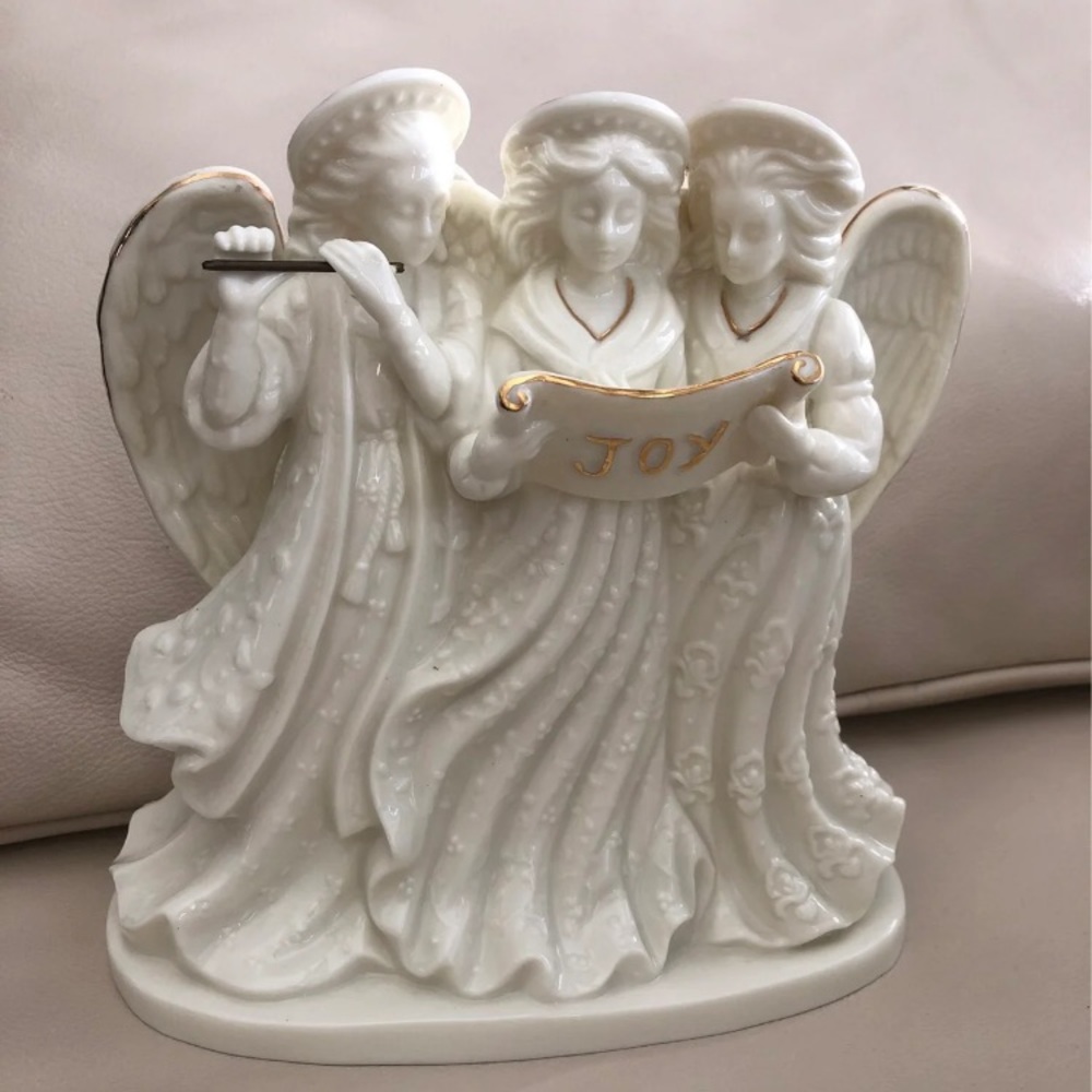 Vintage Porcelain Angels Trio Cream Ivory Gold Joy Candle Holder Holiday decor